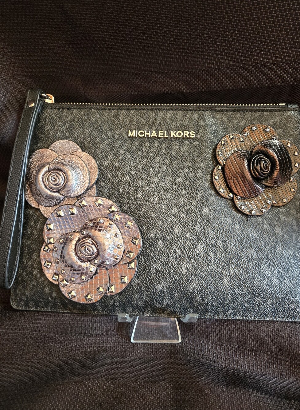 Michael Kors Black Leather Wristlet with Floral Appliqués NWOT
